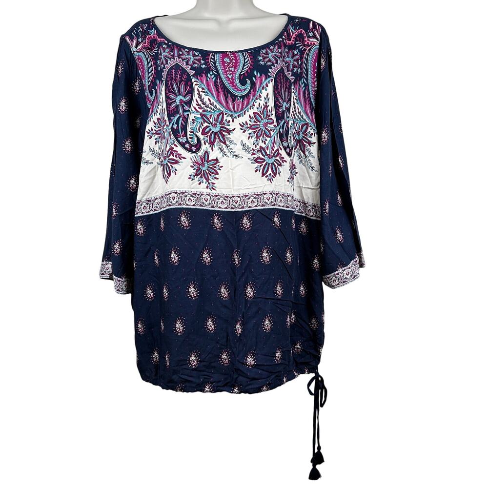 NEW Lucky Brand Women's Blouse Top Paisley Floral Blue 2X Drawstring Waist Boho
